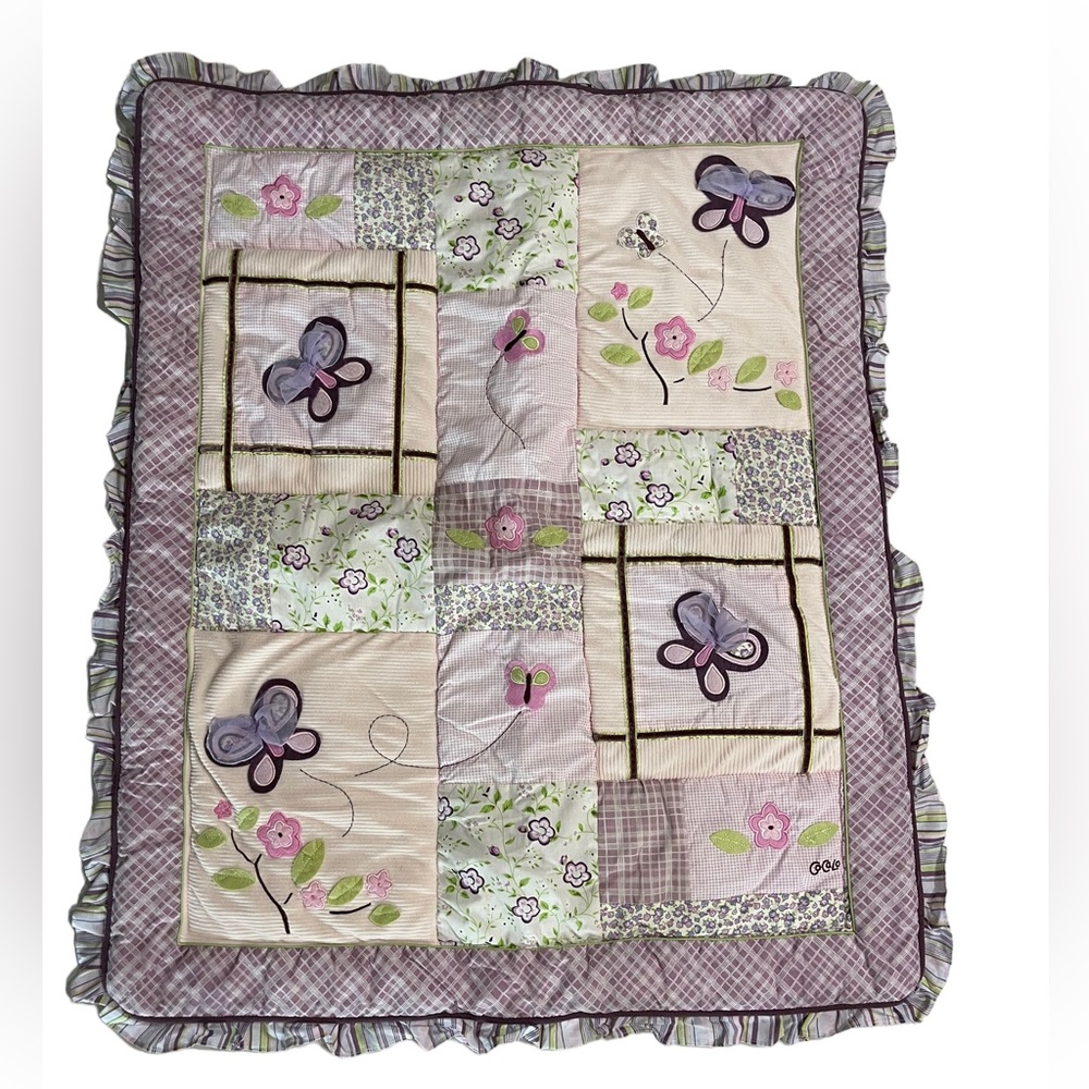 Cocalo Baby Girl Quilt Blanket Butterfly Pink Purple Ruffle 42” X 34” EUC